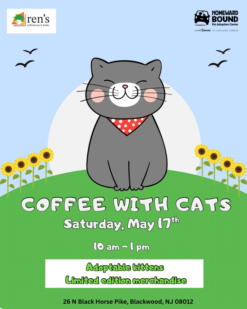 We will be at Ren’s Coffeehouse &amp; Books in Blackwood, NJ on Saturday, May 17th from 10 am - 1 pm! If you are in the area, stop by and see our kittens, grab yourself an amazing drink and some limited edition merchandise! 

📍 Blackwood, NJ