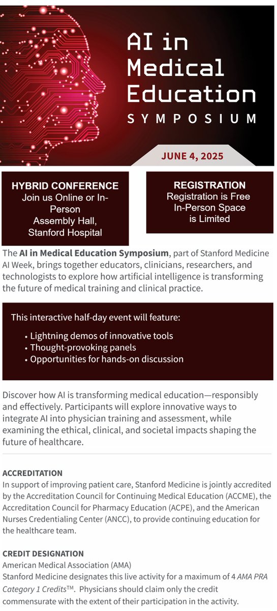 AI in Medical Education Symposium, Stanford School of Medicine

June 4, 2025
Hybrid Conference

To see more details and register: web.cvent.com/event/7ae63a5d…