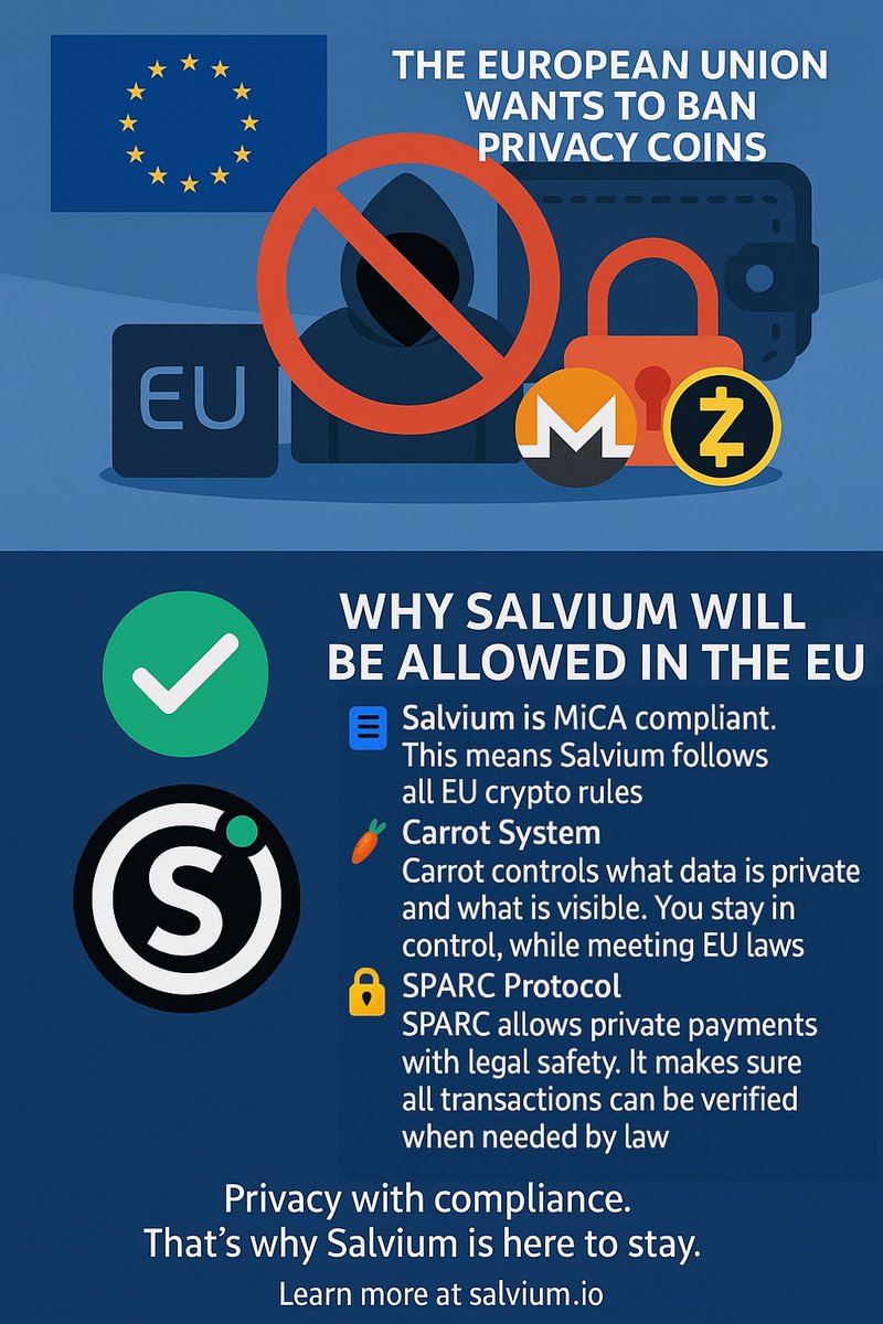 🚨 The EU wants to ban privacy coins like Monero &amp; Zcash.
✅ But Salvium stays!

Why? ✔️ MiCA compliant 🥕 Carrot System: you control your data 🔒 SPARC Protocol: private payments, legal proof

Privacy with compliance. $SAL #MiCA #CryptoNews $XMR #crypto #EU #privacy