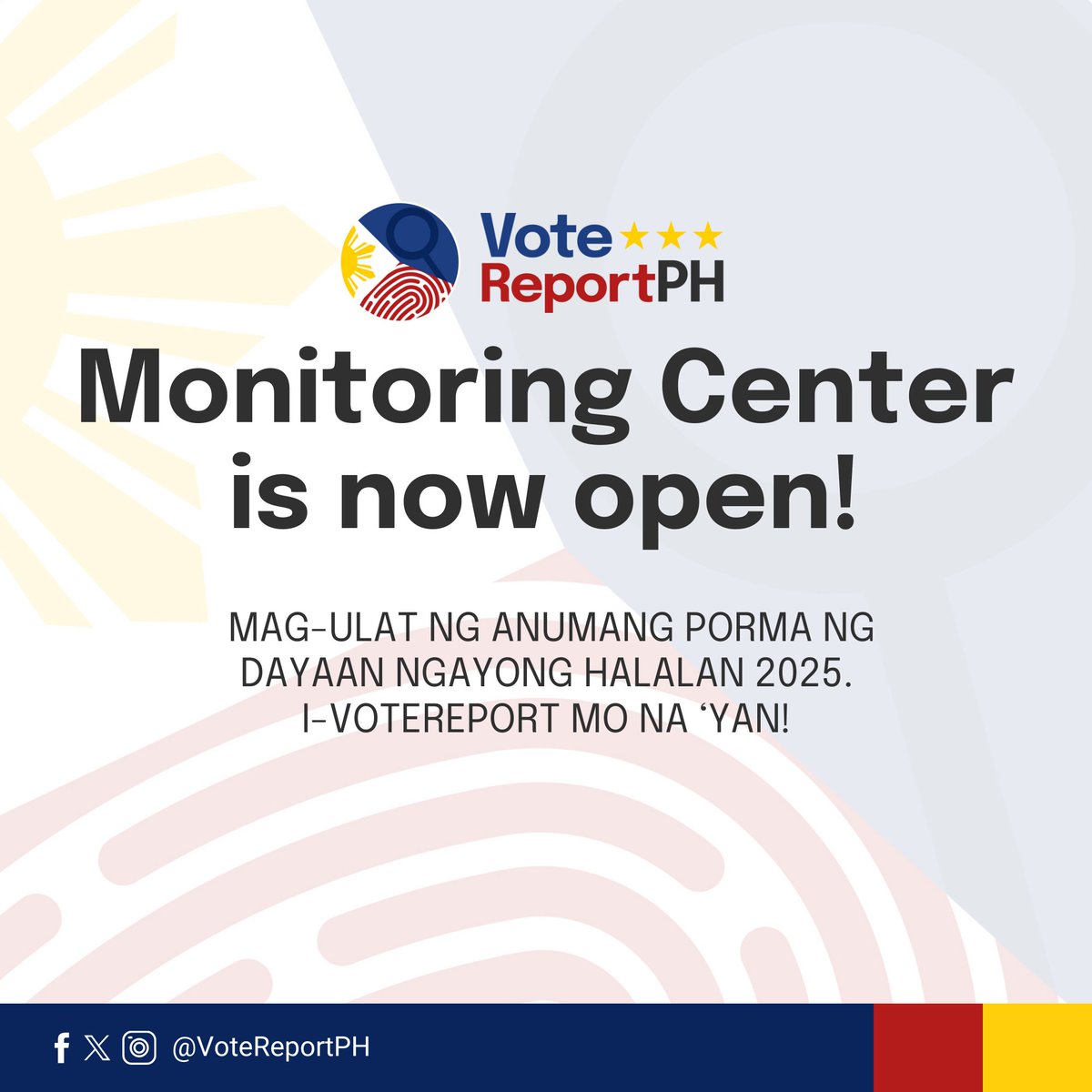 VoteReportPH's tweet photo. Vote Report PH Monitoring Center is now open!

Mga kababayan 📢 Ngayong araw ng halalan, samahan mo kaming labanan ang dayaan. Mag-ulat ng anumang porma ng pandaraya ngayong #Halalan2025 

I-VoteReport mo na 'yan!

#VoteReportPH
#NLE2025 https://t.co/xiwXtfG5rh