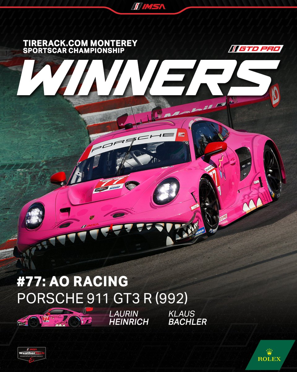 IMSA's tweet photo. Congratulations to ROXY No. 77 - AO Racing, Porsche 911 GT3 R (992) Team on winning the 2025 TireRack .com Monterey SportsCar Championship in the GTD PRO Class!!! 🏆 

@AORacingUSA | @PorscheRacesNA https://t.co/ZMzALYJcT7