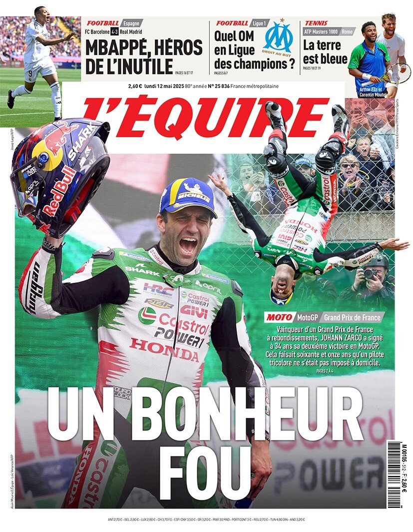 📰 Johann Zarco en UNE du journal l'Équipe ce lundi 12 mai 2025 après sa victoire au Mans hier ! 🇫🇷 😍

Vous allez l'acheter ? 

#MotoGP #FrenchGP