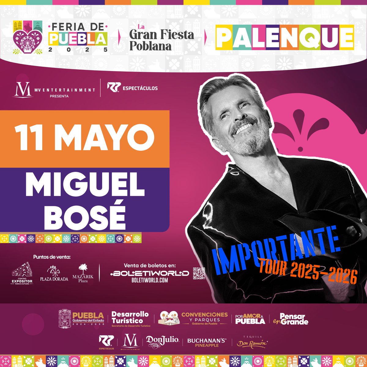 FeriaPuebla's tweet photo. 🎤 Miguel Bosé cierra con broche de oro el Palenque de la #FeriaDePuebla2025
Aún puedes comprar tu boleto y ser parte del último gran concierto de esta gran fiesta 🎶✨
#MiguelBosé #GranCierre #Palenque2025 #FiestaPoblana https://t.co/mkfZCo1Ras