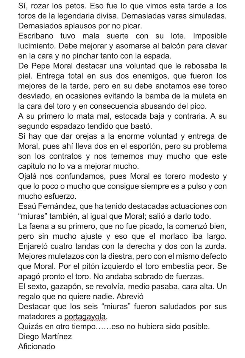Crónica de un aficionado a la Real Maestranza de Caballería de Sevilla.
11 de Mayo de 2025 Sevilla Toros de Miura para Manuel Escribano, Pepe Moral y Esaú Fernández.