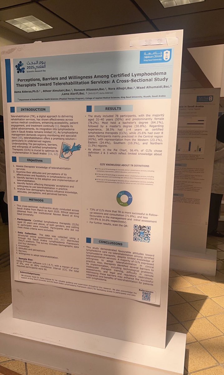 في يوم #البحث_العلمي 2025، 
تشرفنا بعرض بوستر بحثنا ولله الحمد.

كل الشكر والامتنان للدكتورة <a href="/AAlderaa/">Dr Asma Alderaa. اسماء الدرع</a> على إشرافها ودعمها المستمر، ولزميلاتي في فريق البحث على التزامهم وروح العمل الجماعي الذي كان له الأثر الأكبر في هذا الإنجاز، والذي نعتز به كخطوة نفخر بها في مسيرتنا العلمية.