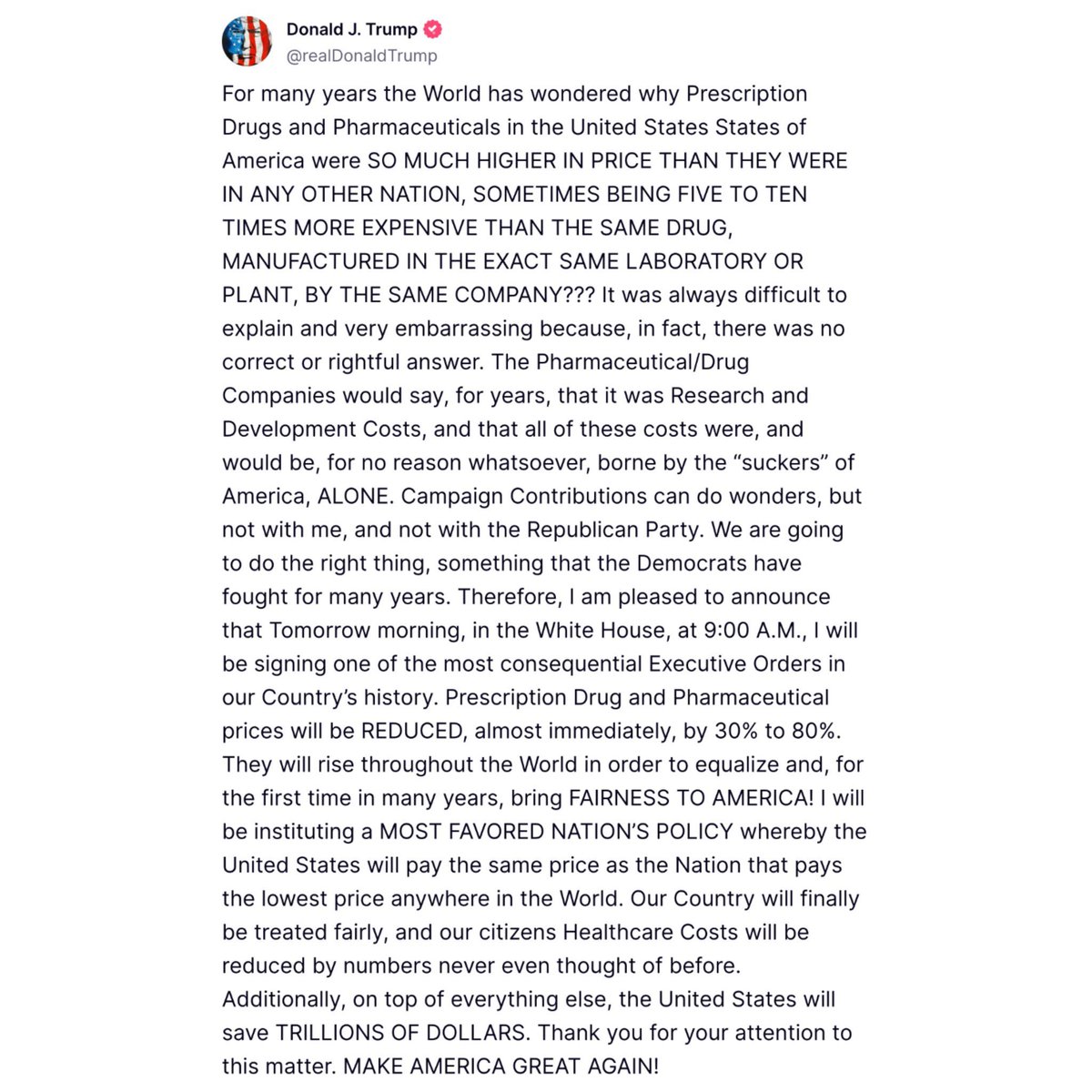 bennyjohnson's tweet photo. 🚨BREAKING: President Trump announces he will be signing an Executive Order to lower prescription drug and pharmaceutical prices tomorrow: 

“Prescription Drug and Pharmaceutical prices will be REDUCED, almost immediately, by 30% to 80%.” https://t.co/zA4wUHwH0C
