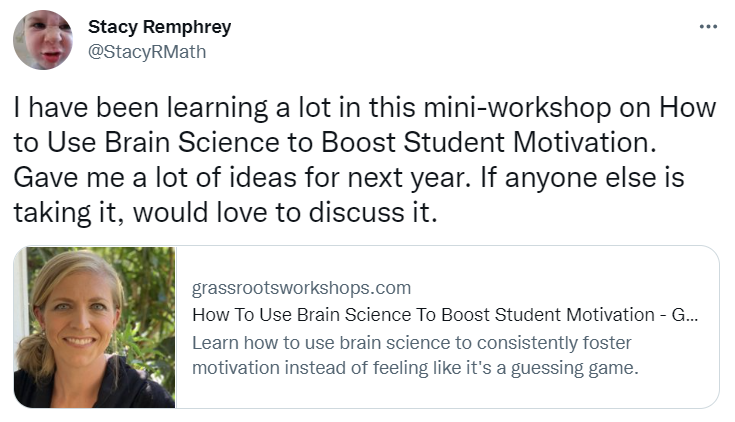 Grassroots Workshops (@grassrootsws) on Twitter photo Here's what Stacy had to say about Liesl McConchie's (<a href="/LieslMcconchie/">Liesl McConchie</a>) How To Use Brain Science To Boost Student Motivation mini workshop on Grassroots Workshops.
You can check it out and register at grassrootsworkshops.com/workshops/how-… Here's what Stacy had to say about Liesl McConchie's (<a href="/LieslMcconchie/">Liesl McConchie</a>) How To Use Brain Science To Boost Student Motivation mini workshop on Grassroots Workshops.
You can check it out and register at grassrootsworkshops.com/workshops/how-…