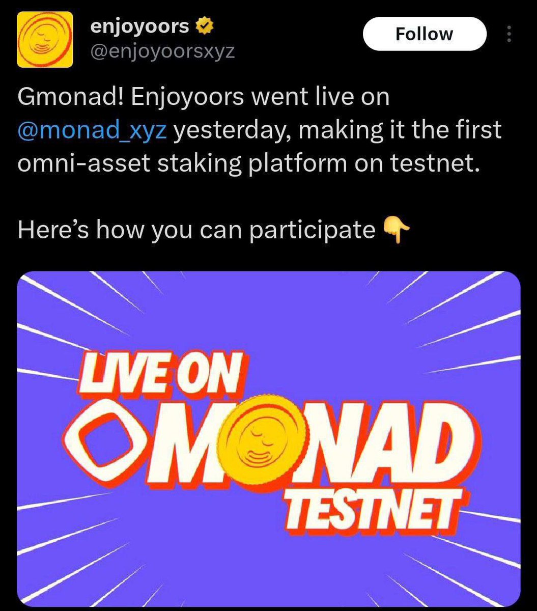 faber4904's tweet photo. Enjoyoors is LIVE on Monad testnet! 

 🪂 Register:  https://t.co/7wSpGXhJZK (https://t.co/E21E5BJNLe)

➖ Connect Wallet Testnet 
➖ Stake Your MONAD Token
➖ Earn pokeMON 
➖ Convert to $E At TGE
 
Introducing Enjoyoors: The Home of Yield

➡️Claim Here: 
https://t.co/Tnp0Pz2uqr

 Yield on Monad Testnet: Earn $E Rewards

➡️Claim Here : 
https://t.co/v0jl229p3L