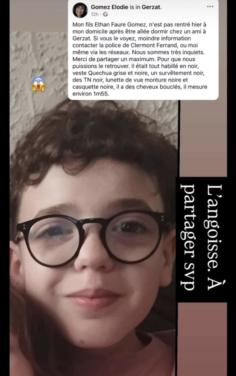 so_mkb's tweet photo. 🚨 ALERTE DISPARITION  

On a besoin de vous ! 

Ethan Faure Gomez, 1m55, vêtu d’une veste quechua grise et noir, un survêtement noir, des TN noir, lunette de vue noir, et casquette noire, disparu à Clermont Ferrand - Gerzat (63)

Rt appréciés. https://t.co/tuLikvBI6b