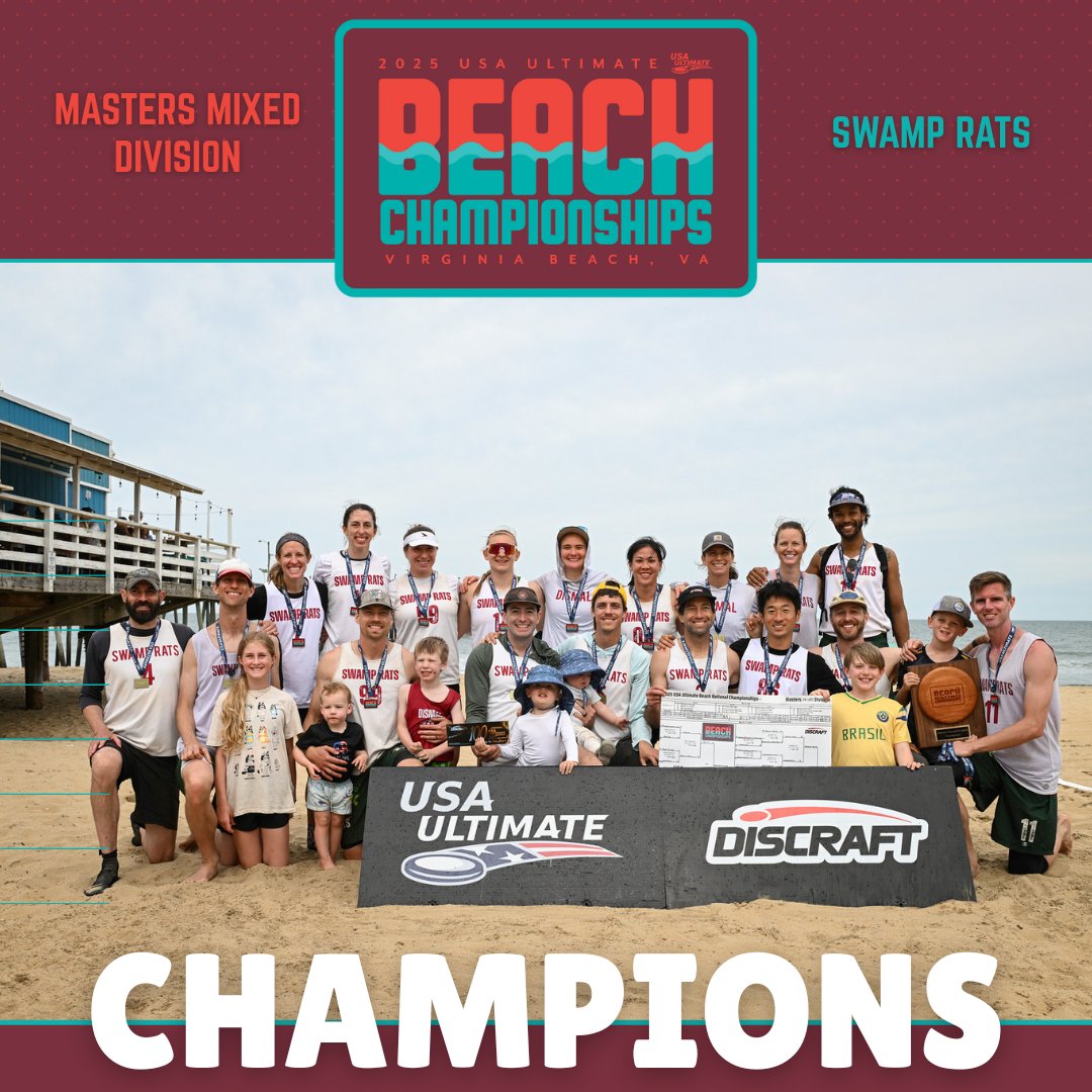 Your 2025 USA Ultimate Beach Champions, next in the masters mixed division, it's Swamp Rats! 🏆 (5/7)

#USAUBeachChamps | #USAUltimate