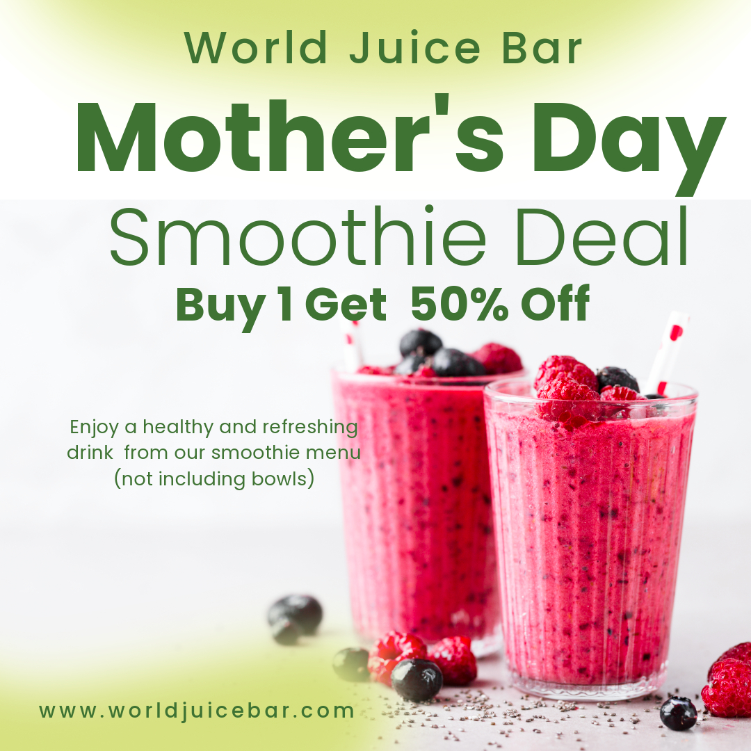 Happy Mother's Day. Enjoy a BOGO 1/2 off on smoothies for Loyalty Club Members. We will be open today until 5pm.