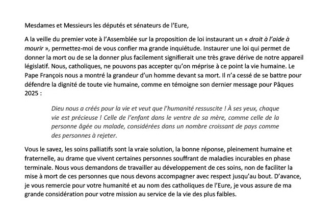 Eveque27's tweet photo. Loi de fin de vie 
Alors qu'à l'Assemblée Nationale sera voté demain un projet de loi, voici mon message adressé aux sénateurs et députés de l'Eure ! https://t.co/SNAPaLu0DC