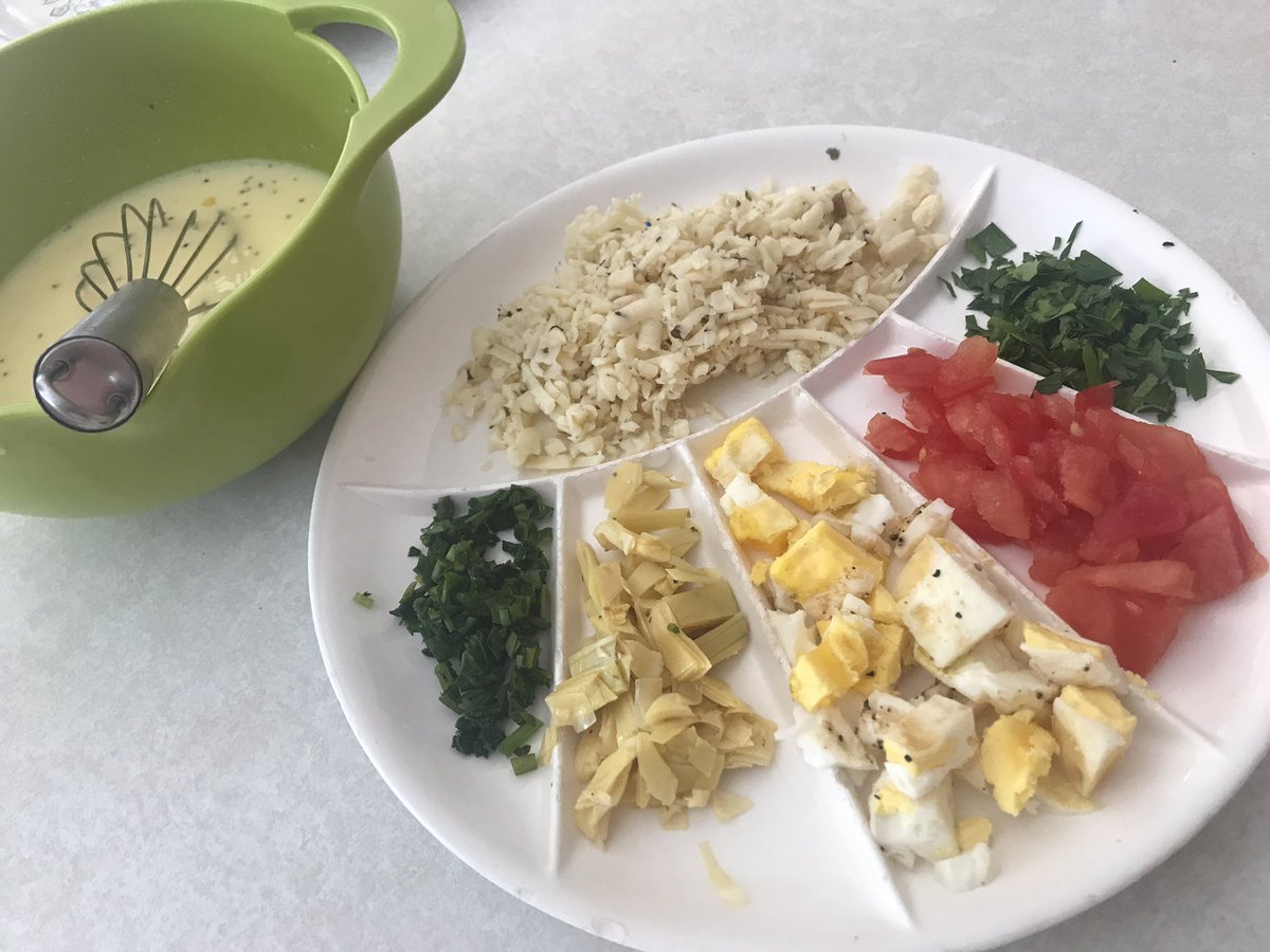 #SundayBrunch #Leftovers Sour cream/Dijon scrambled eggs with Morel &amp; leek Havarti, over-ripe tomato, artichoke heart and chives. Served it with bacon and bagel (scallion cream cheese) and a mixed berry smoothie.