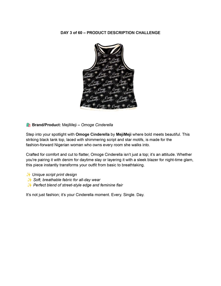 MsLauraEleojo's tweet image. DAY 3 #CopywritingChallenge DONE ✨

Meet Omoge Cinderella by @MejiMejico

🔥 Why it&apos;s EVERYTHING:
Butter-soft fabric that survives Lagos heat in style
Day-to-night magic - from jeans to blazers

@Extrastiv @MejiMejico