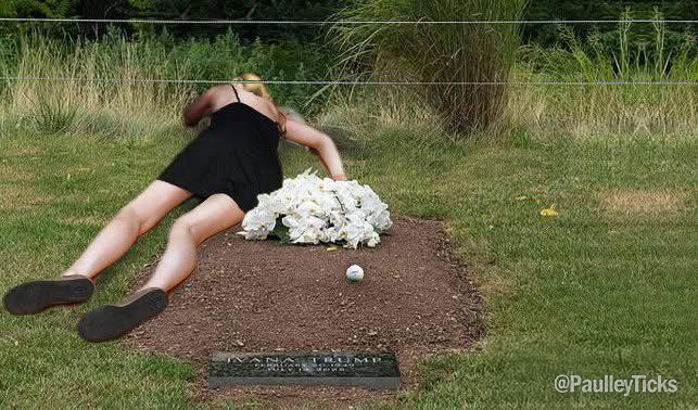 PaulleyTicks's tweet photo. BREAKING: Ivanka Trump gets pelted by an errant golf shot, while visiting her Mother's grave to pay her respects on Mother's day. https://t.co/R4uuZxtCcH