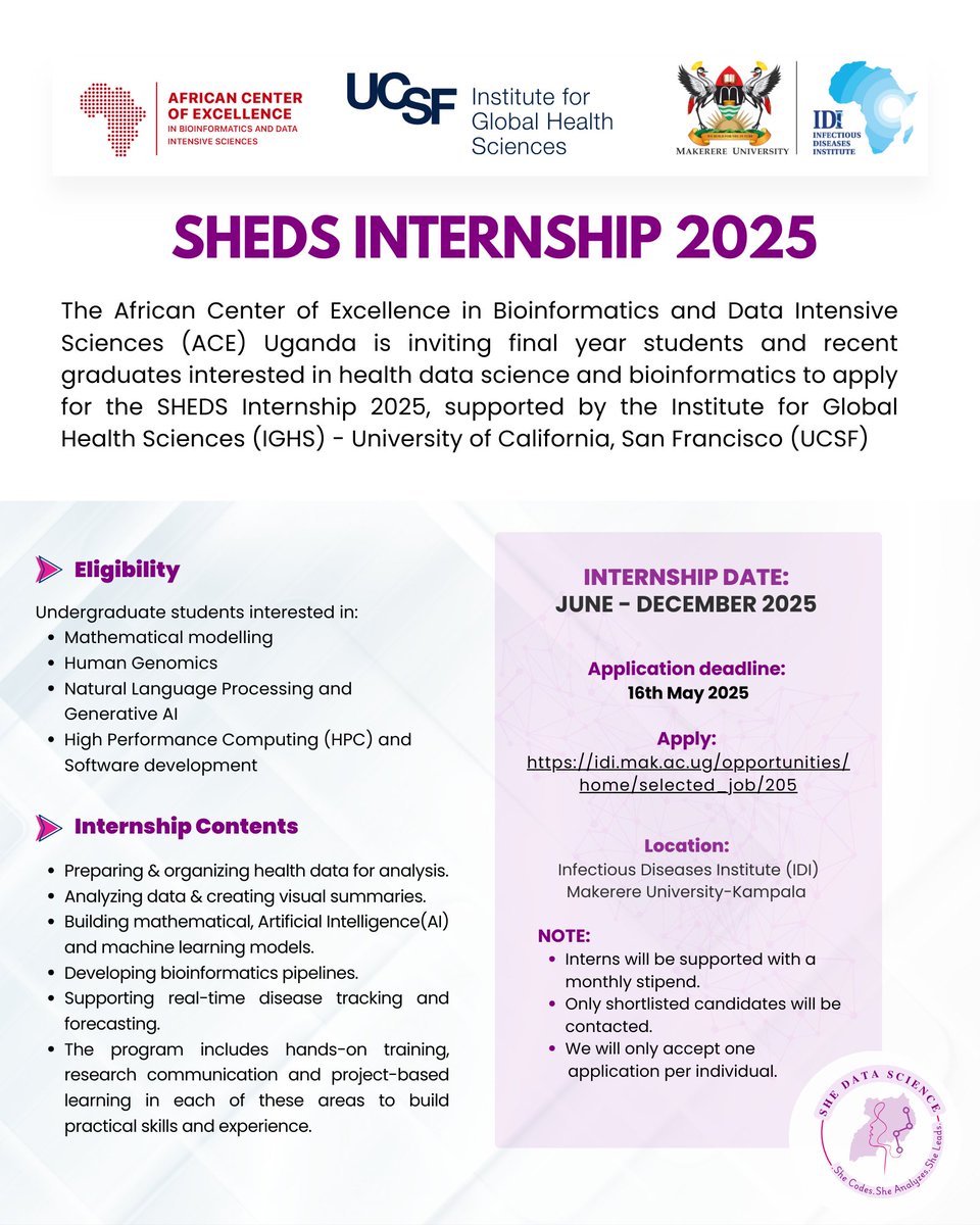 ACE Bioinformatics & Data Sciences (@aceuganda) on Twitter photo Application Deadline Extended!
Applications for the SHEDS Internship 2025, supported by <a href="/IGHSatUCSF/">UCSF Global Health</a>, are still open.
Deadline: Friday, May 16 – 3PM EAT.
Candidates interested in Mathematical Modeling & NLP are highly encouraged to apply.
Apply now: idi.mak.ac.ug/opportunities/…
#SHEDS Application Deadline Extended!
Applications for the SHEDS Internship 2025, supported by <a href="/IGHSatUCSF/">UCSF Global Health</a>, are still open.
Deadline: Friday, May 16 – 3PM EAT.
Candidates interested in Mathematical Modeling & NLP are highly encouraged to apply.
Apply now: idi.mak.ac.ug/opportunities/…
#SHEDS