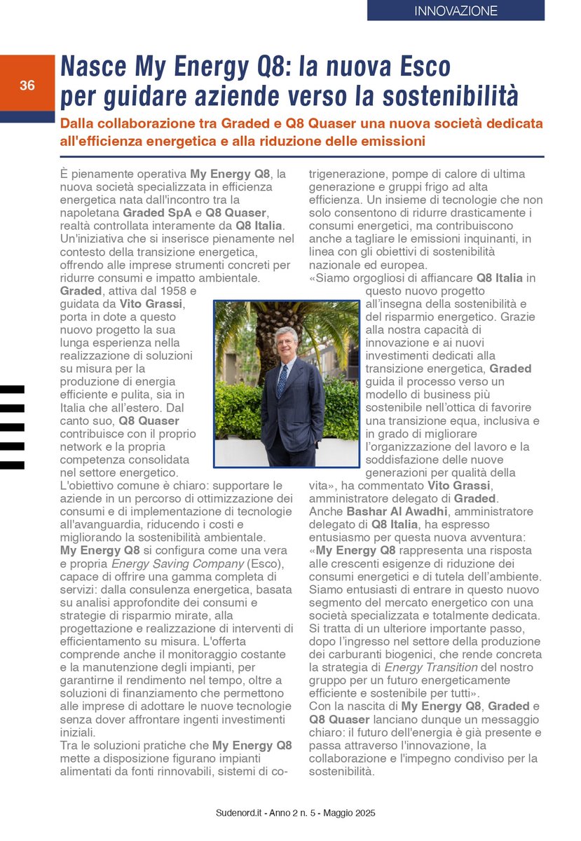 E’ pienamente operativa “My Energy Q8”, società all’avanguardia nel settore dell’efficienza energetica nata dalla collaborazione tra <a href="/GradedSpa/">Graded</a> guidata da Vito Grassi e Q8 Quaser, azienda totalmente controllata da <a href="/Q8inItalia/">Q8Italia</a> 
#EnergyForTomorrow #EnergyStorage #Partnerships
