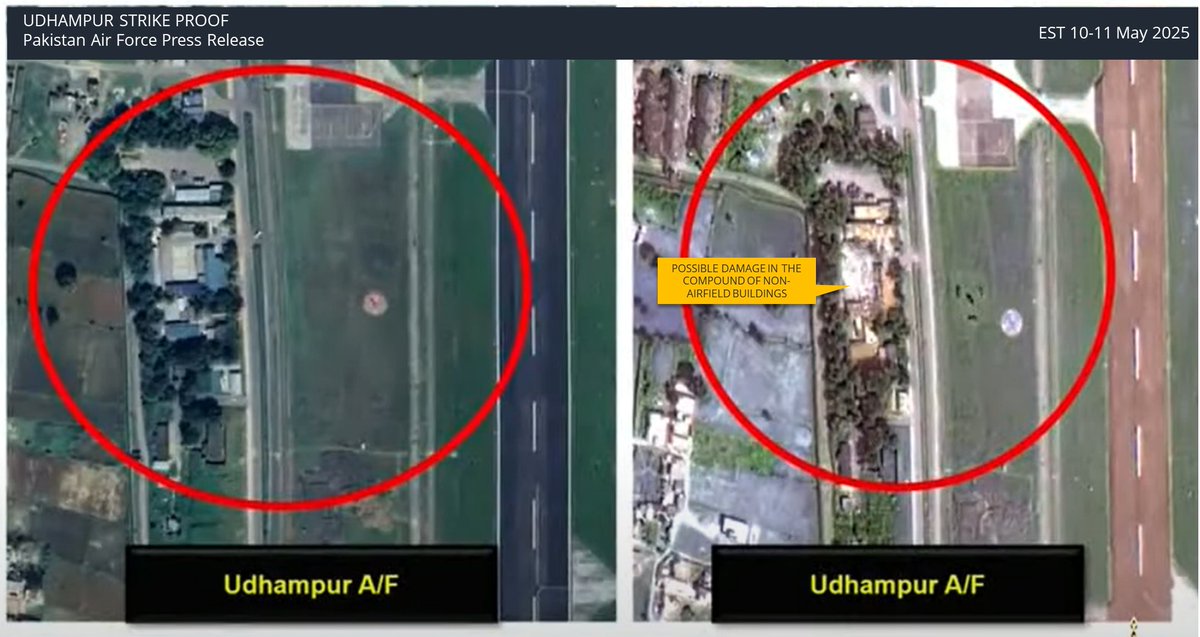 Imagery from today shows no visible runway damage at Udhampur Airport, contrary to circulating claims. It's likely that ongoing runway maintenance work, started in April was misinterpreted, PAF itself released imagery showing possible damage located away from the airstrip