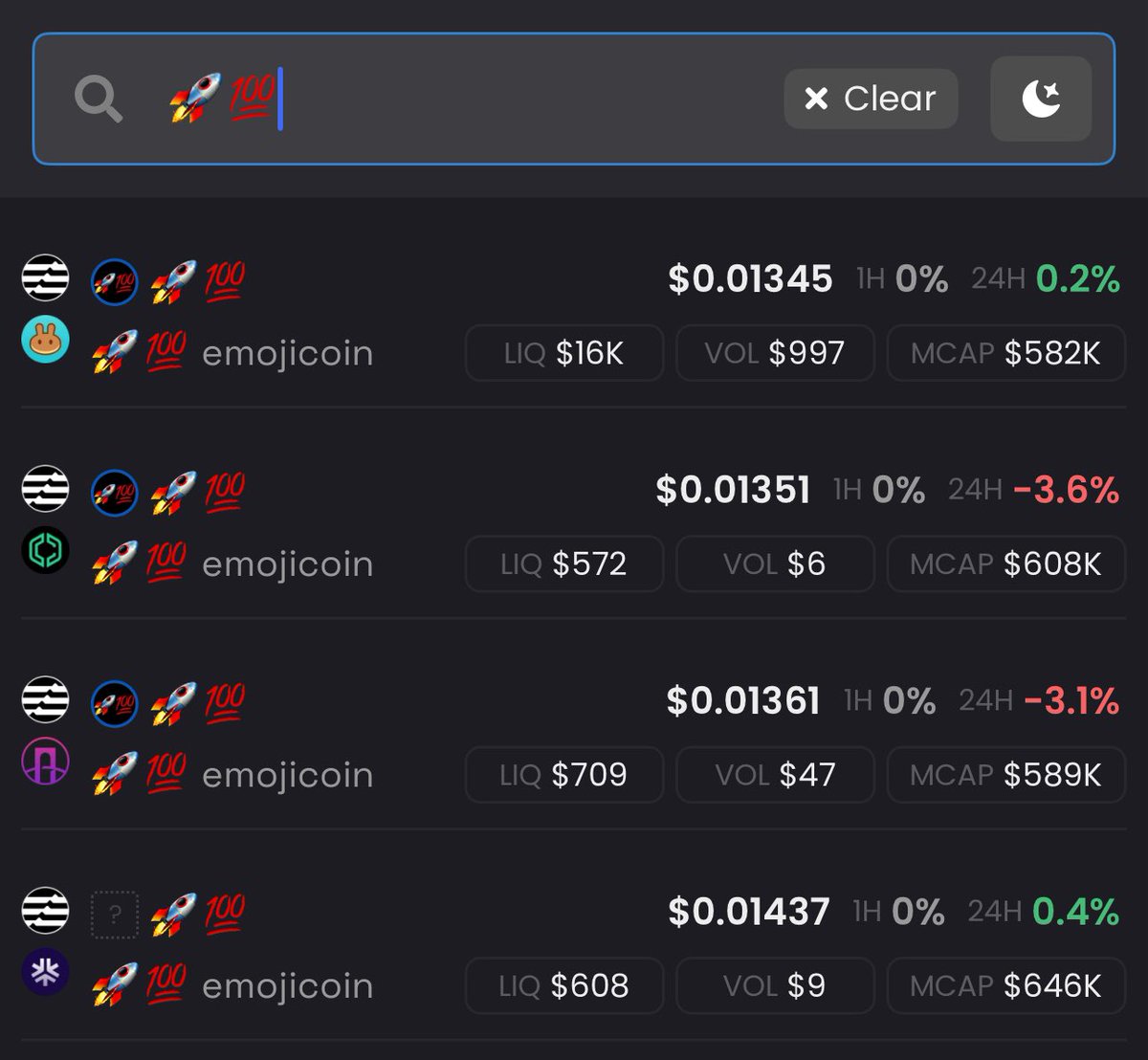 🚀💯 is looking good on <a href="/Dexscreener/">DEX Screener</a> 

Liquiditypools of @emojirocket100 🫡
This pools are additional to Emojicoin.fun
Emojicoins only on Aptos 🌐