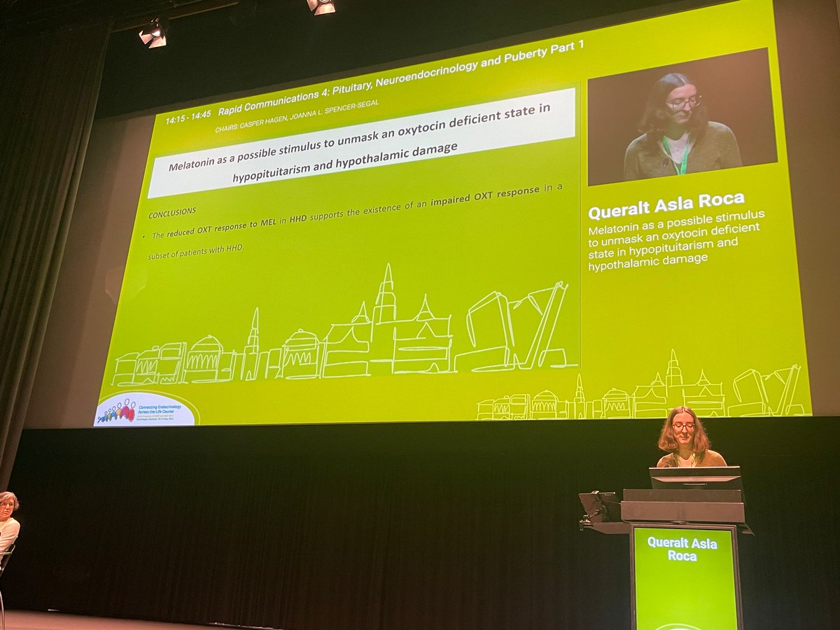 📌Excel•lent comunicació oral de la Dra. Asla al European Congress of Endocrinology - ECE 2025!👏

📢"Melatonin as a possible stimulus to unmask an oxytocin deficient state in hypopituitarism and hypothalamic damage"

<a href="/QueraltAsla/">Queralt Asla</a>