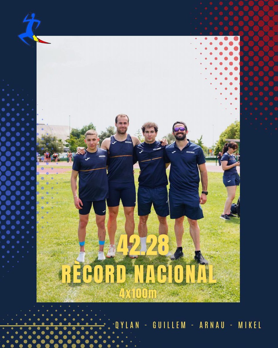 📣 RÈCORD‼️
Campionat de Catalunya de Clubs

L’equip d’Andorra Atletisme format pel Dylan Ben-Ahmed, Guillem Arderiu, Arnau Solà i Mike de Sa han millorat el RN 🇦🇩 de relleu 4x100 amb una marca de 42.28

FELICITATS!! 👏👏👏