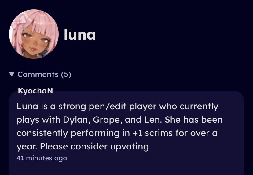 I was suggested to +1 by <a href="/KyochaNDxD/">Kyo!</a> I’ve been grinding for almost a year and would love a chance to prove myself. Tysm for this opportunity! 🥺💕