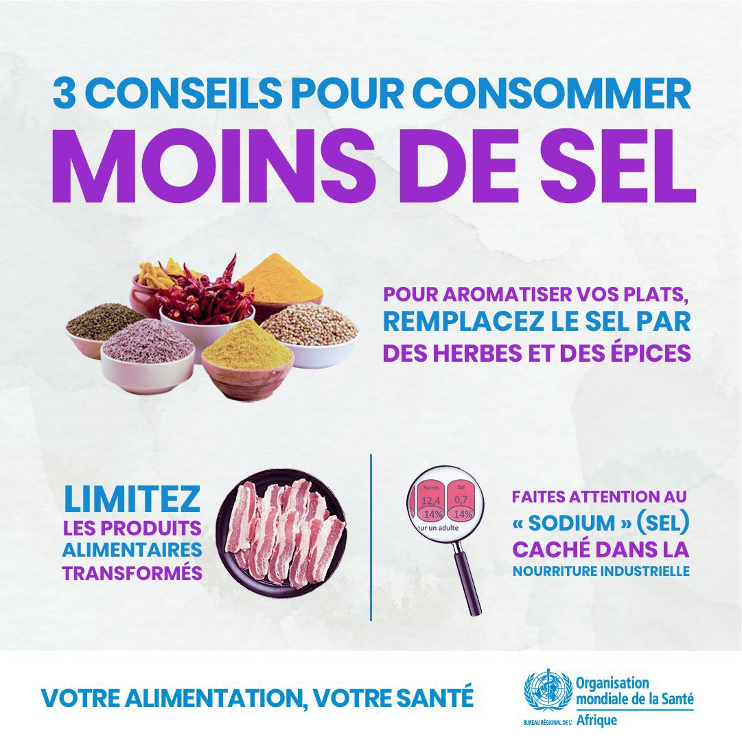 OMSCentrafrique's tweet photo. Réduisez votre risque de crise cardiaque, d’AVC et d’hypertension en consommant moins de sel 🧂 !
1⃣ Aromatisez avec des herbes &amp; épices
2⃣ Limitez les aliments transformés 🥓
3⃣ Vérifiez les étiquettes : attention au sodium caché 🍔. https://t.co/HQmycmfTkq