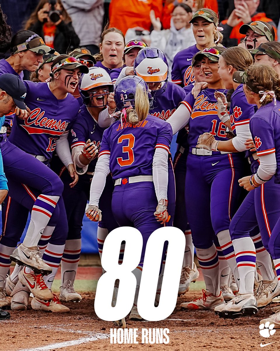 clemsonsoftball's tweet photo. The home run heard around the ACC 🤯💥

Not only did Kylee Johnson’s home run secure the ACC Championship for the Tigers, it also marked the 80th home run by the team this year - the most home runs in a single-season in Clemson’s short history! https://t.co/4liLbLSqFW