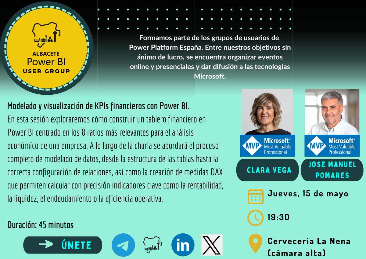 📢Este jueves en <a href="/cervezas_69/">Cervezas69</a> tenemos el placer de tener a <a href="/claravega/">Clara Vega</a> y #JoseManuelPomares hablando de #finanzas y #PowerBI. 

Como no querrás perderte su sesión, te dejamos enlace para que cojas tu entrada. ¡Es gratis!👇
eventbrite.es/e/entradas-mod…

#data #finanzas #kpis #powerbi