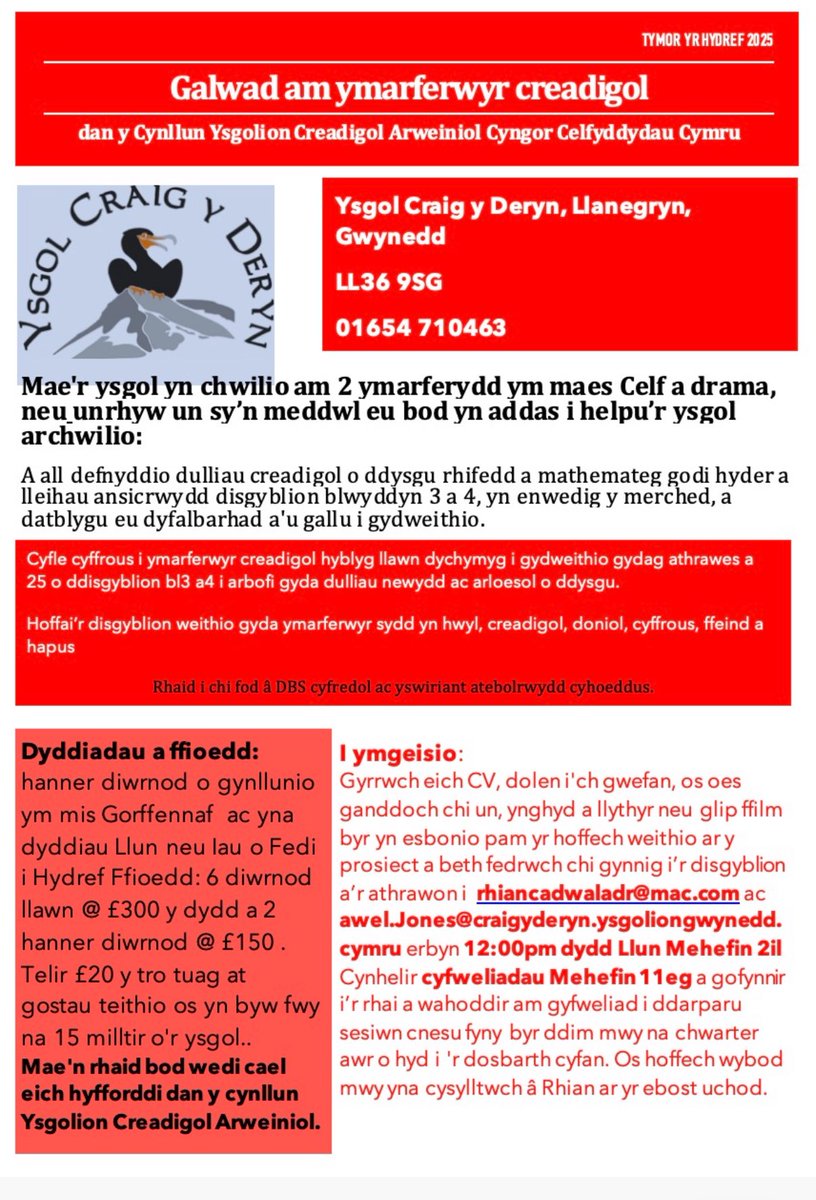 Galwad am ymarferwyr creadigol yn ysgol hyfryd
<a href="/CraigyDeryn/">Ysgol Craig y Deryn</a>
Llanegryn yng Ngogledd Gwynedd. Dyddiad cau Mehefin 2ail. 

This is a call out for a Welsh speaking creative practitioner <a href="/CraigyDeryn/">Ysgol Craig y Deryn</a> Llanegryn. Closing date June 2nd
<a href="/Arts_Wales_/">Cyngor Celfyddydau Cymru | Arts Council of Wales</a>
<a href="/CelfGwyneddArts/">Gwynedd Greadigol</a>