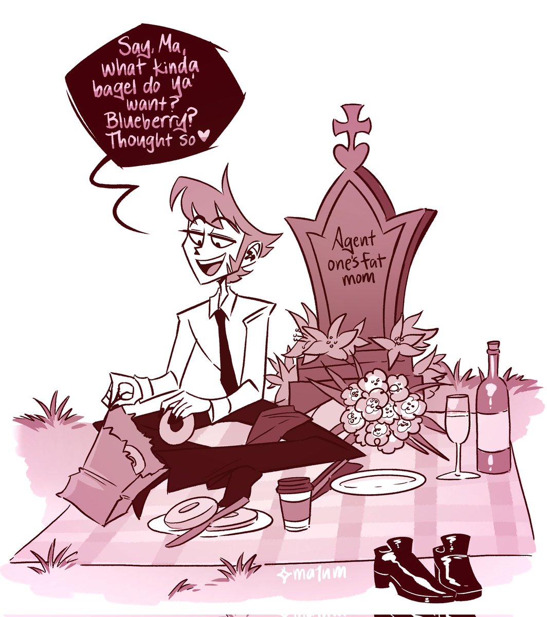 Happy mothers day gang, he visits her all the time but brings her breakfast every year to celebrate :"3 

#HelluvaBossFanart #agentone #agent1