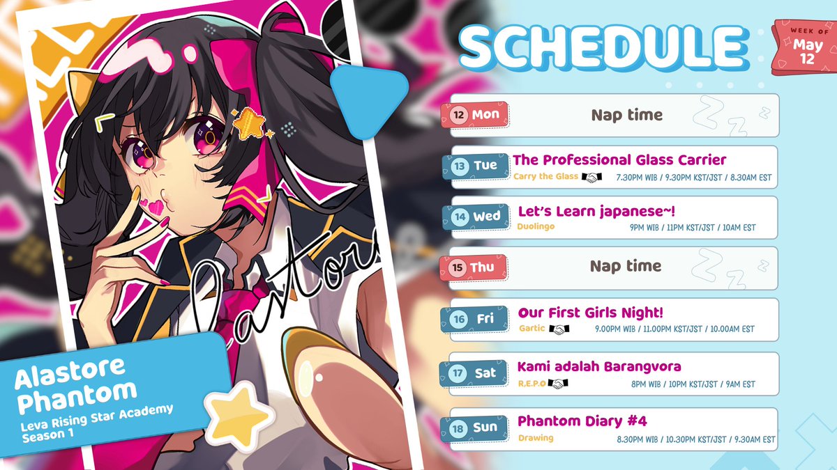 AlastorePhantom's tweet photo. 【WEEKLY SCHEDULE - ALASTORE PHANTOM】
cie ketemu lg kiw kiw😋
📆May 12 -18, 2025
🔴Live On
https://t.co/BAkpZ3FcT3…
Hastags#️⃣
• General : #AlastorePhantom
• Live : #ALivetore
• Fan Art : #AstorArt
• Clips : #AlaPhanClips
• Fan Name : #Phamtomilia
• Meme : #Atomeme https://t.co/5ye2qJE36p