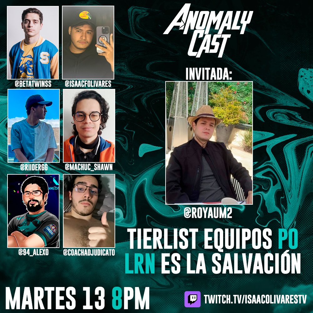 EL ANOMALY CAST. Absoluto cinema se viene en esta próxima edición del podcast. No se lo pierdan con invitado de lujo <a href="/Royaum2/">Royaum</a>. 
Donde hablaremos de los problemas de latam en league y terminaremos haciendo una #Tierlist de los equipos para el PO de LRN