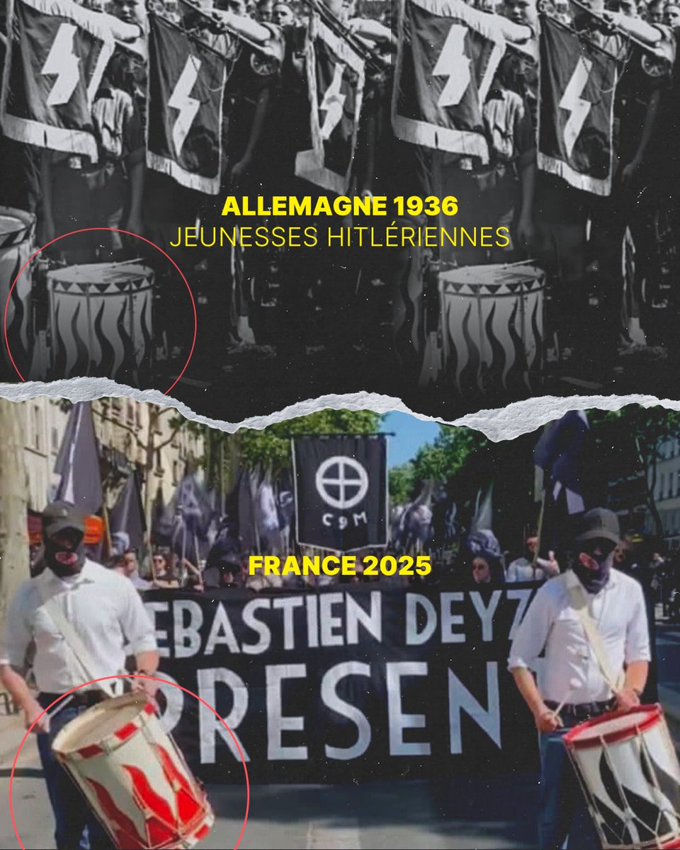 Samedi lors de la manif autorisée du C9M, les gentils organisateurs avaient mis en tête de cortège deux jolis tambours décorés de la même façon que les jeunesses h1tleriennes ! Évidemment, c'est un pur hasard et le vrai danger, c'est l'islamo gauchisme,...