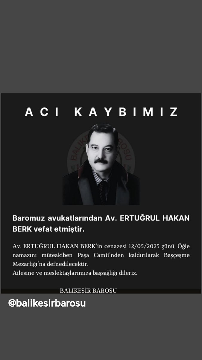 Baromuz yönetimlerinde ve çalışmalarında yıllarca emek veren Avukat Ertuğrul Hakan BERK vefat etmiştir. 
Ailesine ve meslektaşlarımıza başsağlığı diliyoruz.