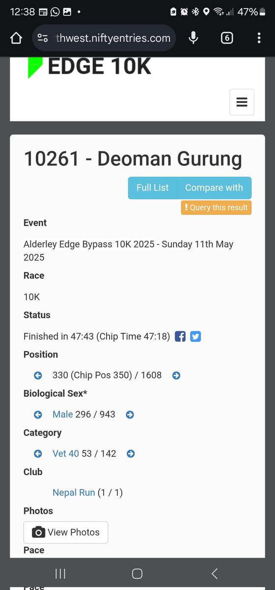 "Finished the Alderley 10K in 47mins :18 sec —a bit slower than usual because of the heat. My goal was to maintain a 4:45/km pace with a heart rate of 155 bpm. Took it easy and treated it as a solid training run ahead of next week’s Chester Half Marathon (21.2 km).