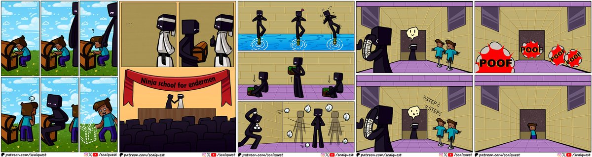 ScaiQuest's tweet image. 🥳New comic: "Shinobi Training"! A glimpse into the secret world of Enderman training.

👀Join us on Patreon (patreon.com/scaiquest) for early &amp;amp; behind-the-scenes access, HD art and bonus panels!

 #minecraft #minecraftcomic #minecraftart