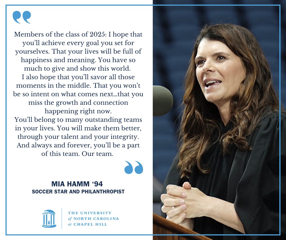UNC's tweet photo. Under the lights of Kenan Stadium, #UNC25 heard from Olympian and @UNCWomensSoccer star Mia Hamm ’94.
As Hamm told the #UNCgrads, it takes a team working in sync to truly succeed. https://t.co/3h2aVqcc7q
