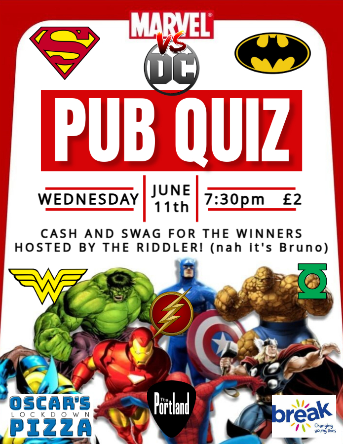 The Portland Arms (@theportlandarms) on Twitter photo 1 month until our next pub quiz: Marvel vs. DC
Join us on Wednesday 11th June for a night of comic book trivia, hosted by our resident Riddler, Bruno! 7:30pm start, £2 entry. Book your table here: theportlandarms.co.uk/wp/table-booki…
#ThePortland #PubQuiz #Cambridge 1 month until our next pub quiz: Marvel vs. DC
Join us on Wednesday 11th June for a night of comic book trivia, hosted by our resident Riddler, Bruno! 7:30pm start, £2 entry. Book your table here: theportlandarms.co.uk/wp/table-booki…
#ThePortland #PubQuiz #Cambridge