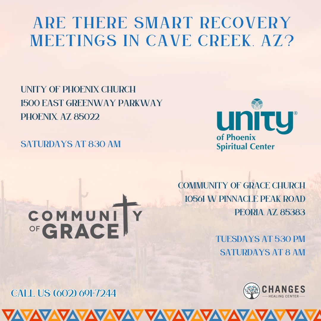 SMART Recovery meetings are open to those facing any type of problematic or addictive behavior, inclusive of drug and alcohol abuse or behavioral addictions. In-person SMART Recovery meetings can be found near Cave Creek in Phoenix and Peoria at the following addresses.