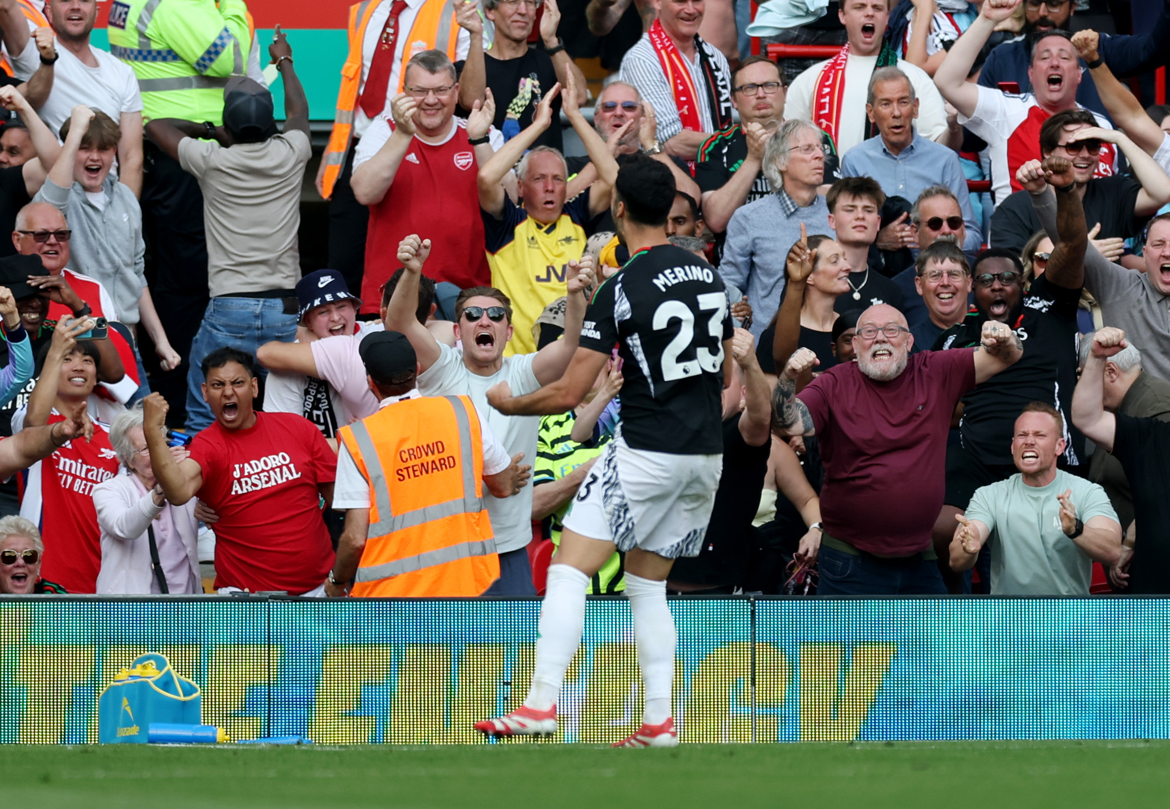 Mikel Merino celebrates our equaliser with the travelling faithful.