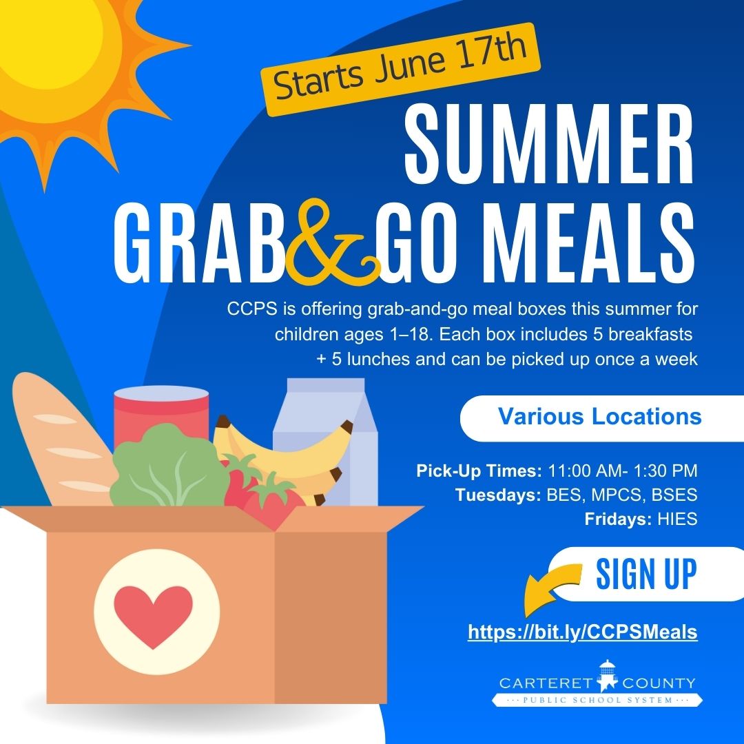 🍽️ FREE Summer Meals for Kids! / ¡Comidas de Verano GRATIS para Niños!
Kids 1–18 can get a weekly box with 5 breakfasts + 5 lunches!
📍Tues: Beaufort, Morehead, Bogue Sound
📍Fri: Harker’s Island
🕚 11AM–1:30PM
🔗 bit.ly/CCPSMeals
#CarteretCounty #SummerMeals