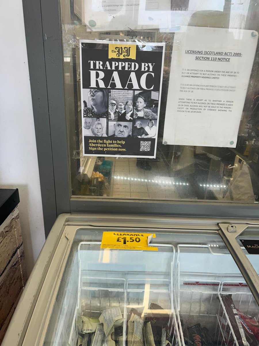 Felt really sad walking round the RAAC-riddled streets of Balnagask today seeing our Trapped by RAAC campaign posters in the shop and house windows - dotted between empty now empty homes.