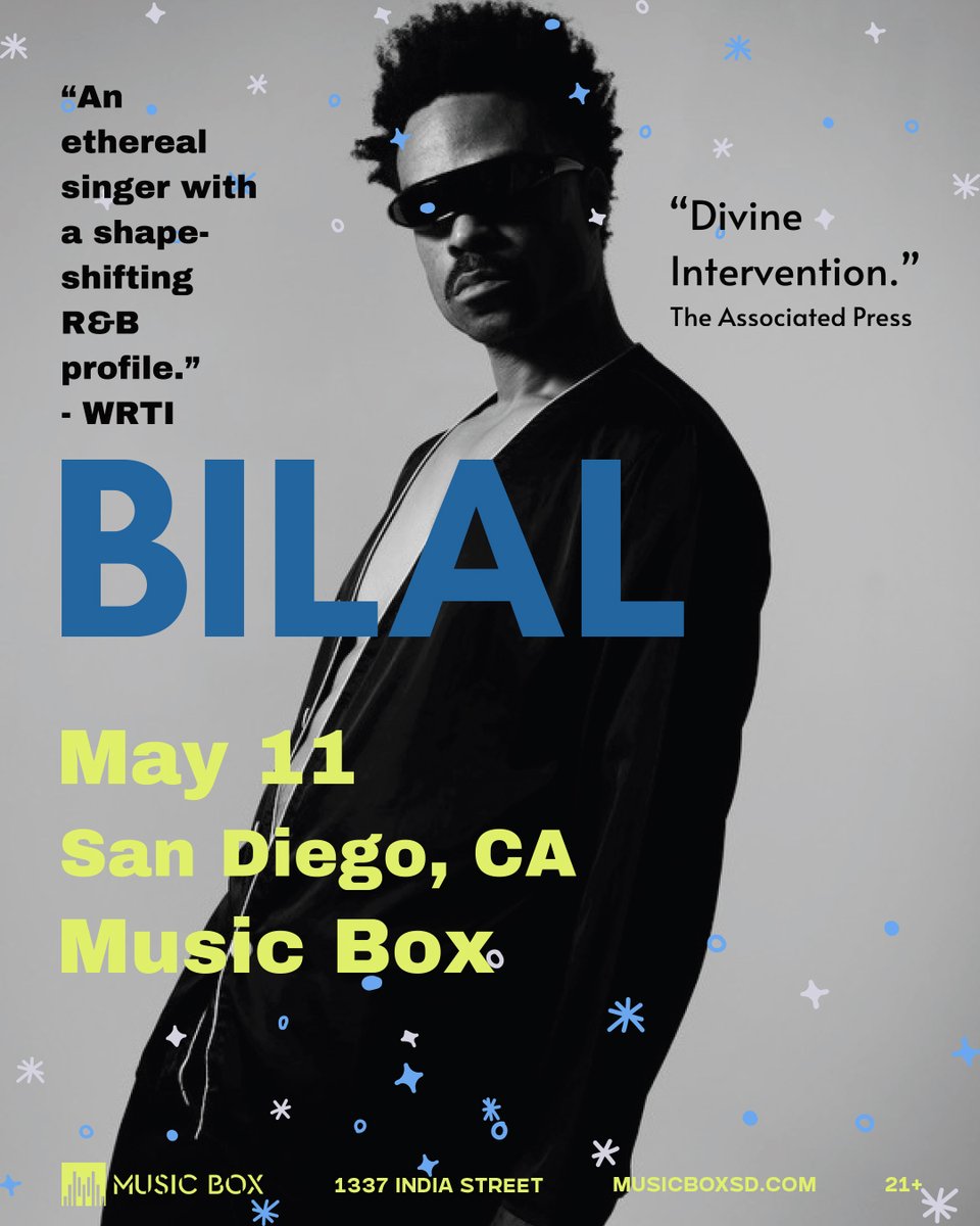 Tonight at Music Box, <a href="/Bilal/">Bilal</a> comes to San Diego. Known for his soulful vocals and innovative approach to R&amp;B, jazz, and hip-hop, Bilal delivers a captivating live performance.

Where: Music Box, San Diego
Doors Open: 8:00 PM | 21+

Tickets: lnk.musicboxsd.com/Bilal051125