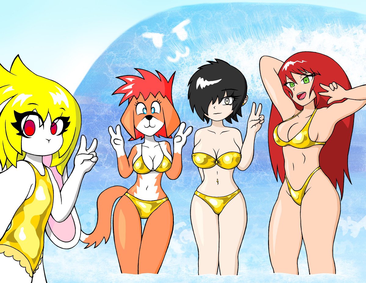 En la playa 🏝️ luciendo trajes de baño doraditos 💛💛 
Ignoren la gigante ola 🌊 que está a punto de golpearnos 😅

Genial dibujo sobre la Golden Week en colaboración con <a href="/MakrapSmk/">Makrap</a> y <a href="/Solemnya1/">Solemnya</a> 🥰🥰 
#goldenweek2025 #goldenweek