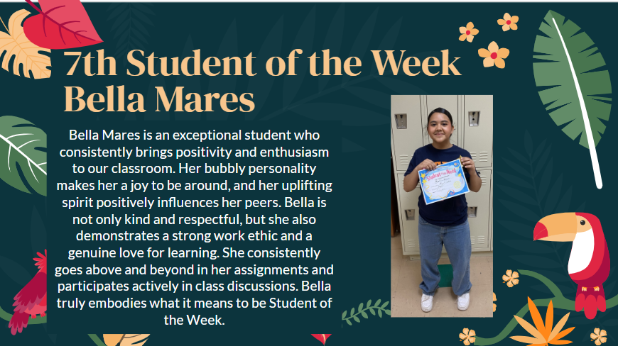 SEISD_RSalcido's tweet image. Congratulations to our #PBIS Student of the Week, Bella Mares 🙌🏻. Thank you for your positive energy to the campus and having a strong work ethic in both your academics and athletics!  #GEMSshineBright 💎😎 #EaglePride 🦅#StandardOfExcellence