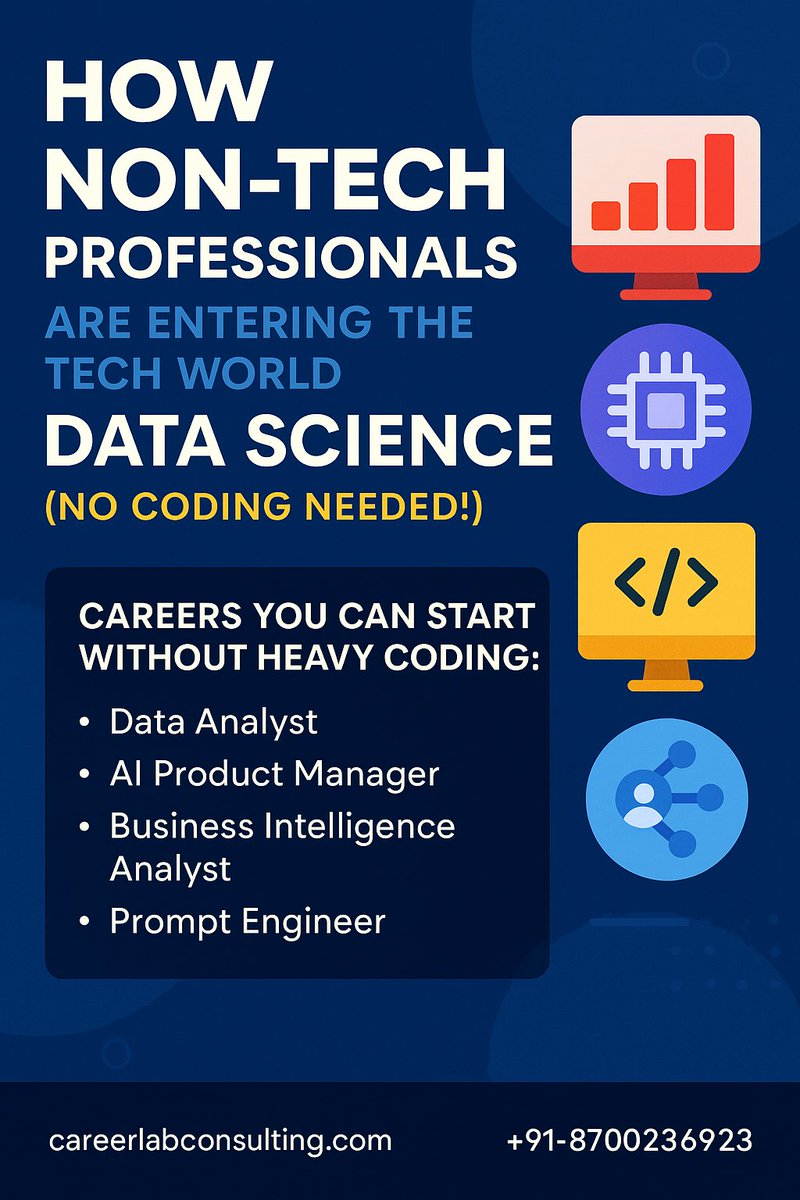 CareerLabConsul's tweet photo. 🚀 Stuck in a non-tech job but dreaming of joining the booming tech industry?

Switch to Data Science and enter roles like:
Data Analyst, Prompt Engineer, AI Product Manager
#NonTechToTech #AIWithoutCoding #FutureProofCareer
👉 https://t.co/jdr9FpWylx https://t.co/dnvXYRRtj2