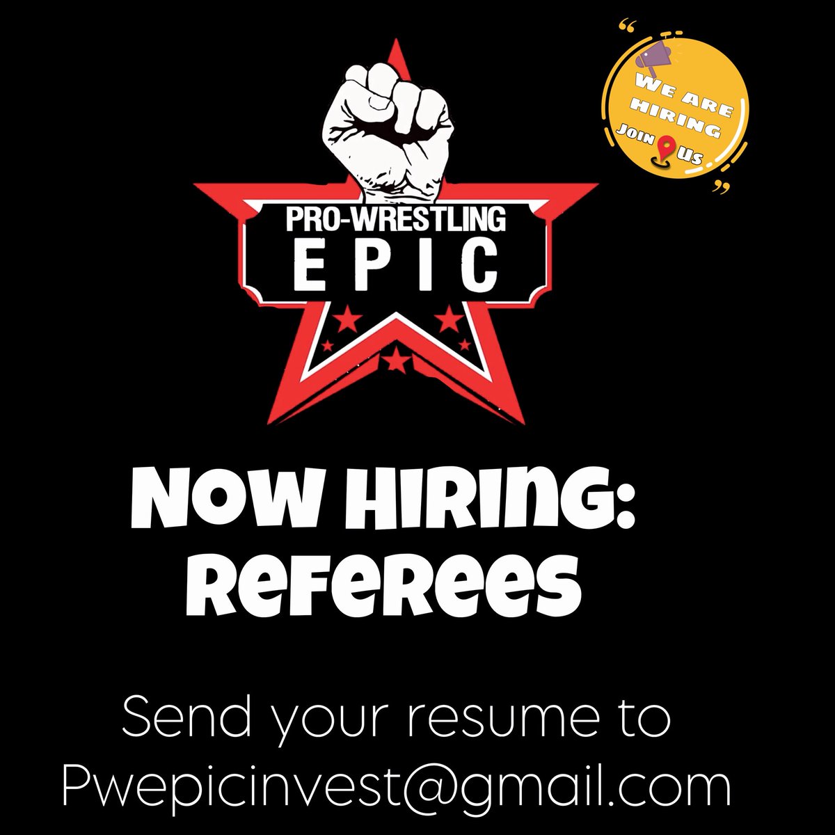 Pro Wrestling Epic (@pwepic) on Twitter photo Now hiring exceptional referees.
We want to hear from you.
Send resume to
pwepicinvest@gmail.com
Serious inquiries only. Now hiring exceptional referees.
We want to hear from you.
Send resume to
pwepicinvest@gmail.com
Serious inquiries only.