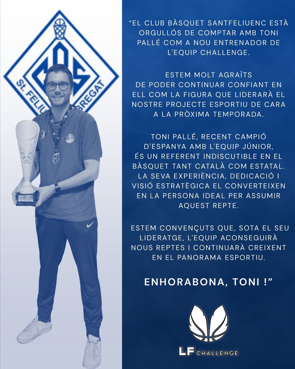 Cbsbasket_fem's tweet photo. Nou líder a la banqueta!
Toni Pallé serà l’entrenador del CBS Challenge la pròxima temporada!
Amb el seu lideratge i passió, engeguem un nou projecte ple d’ambició!

#CBSantfeliuenc #OrgullCBS #LigaChallenge #NouProjecte #BàsquetFemení https://t.co/JMmUaylNnk