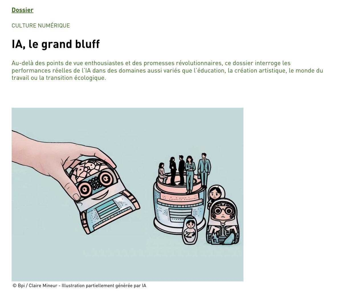 HDA_edu_num's tweet photo. #CultureNumérique | Dossier #Balises @CentrePompidou
‼️ "#IA, le grand bluff" : au-delà des promesses révolutionnaires, interrogeons les performances réelles de l’IA.
❓Et si l'IA permettait de poursuivre l’ambition #surréaliste ?
👉https://t.co/zAtbYuSq2A https://t.co/ss6QK27iXT